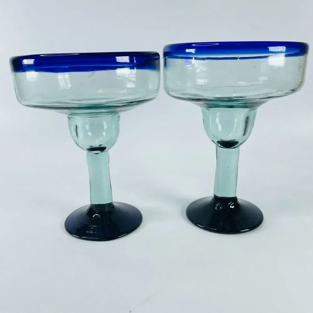 2 LG Hand Blown Margarita Glasses Clear w/ Cobalt Blue Rim & Base Cocktail Glass